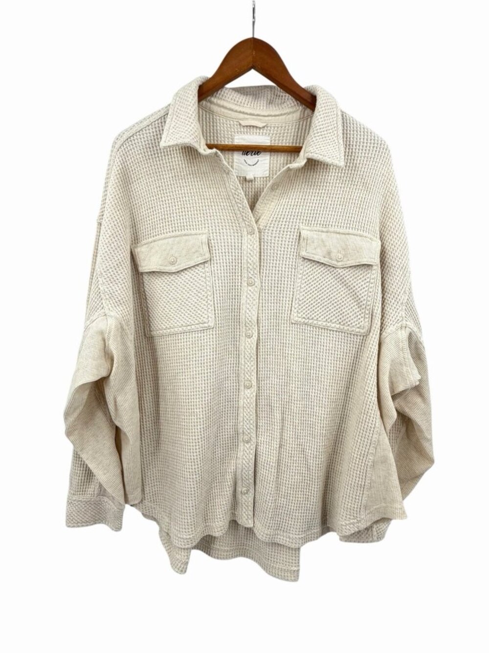 AERIE Women's Heathered White Waffle Collared Oversize Sweater Small